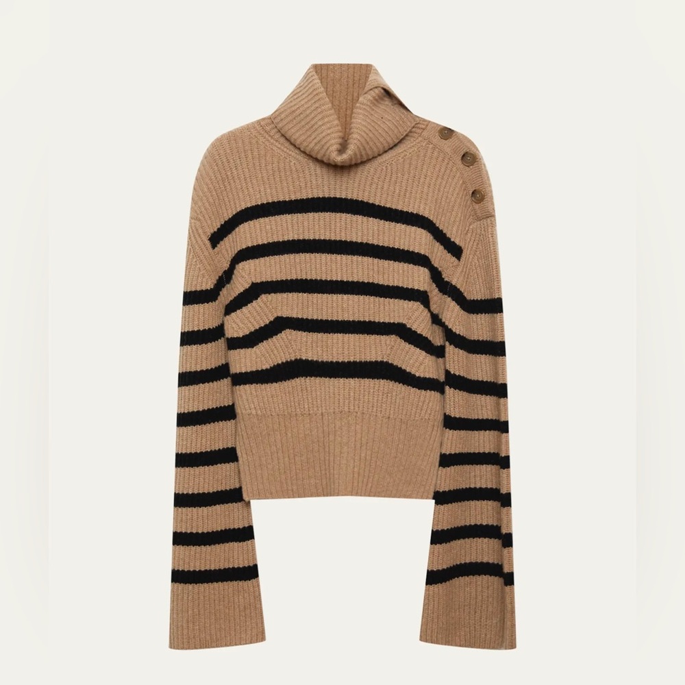 Simkhai Adrienne Striped Button Turtleneck Wool Cashmere Brown Sweater S
